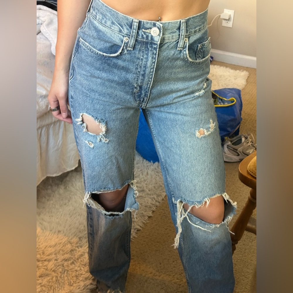ripped medium wash BDG straight leg high waisted jeans